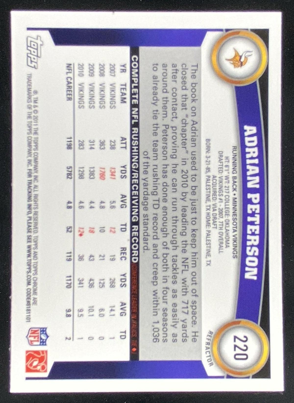 2011 Topps Chrome Adrian Peterson #220 trading card