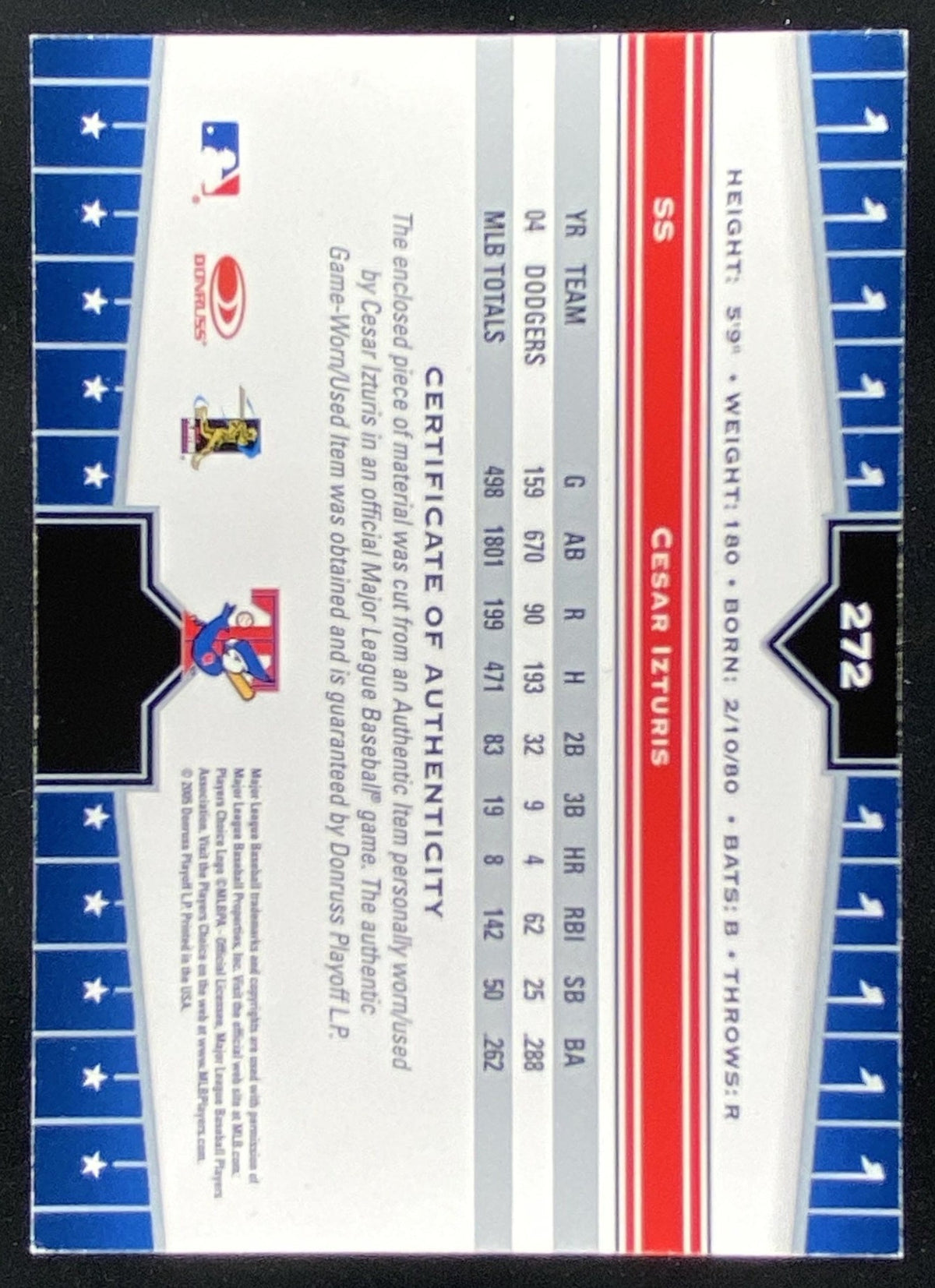 2005 Donruss Champions Cesar Izturis #272 trading card