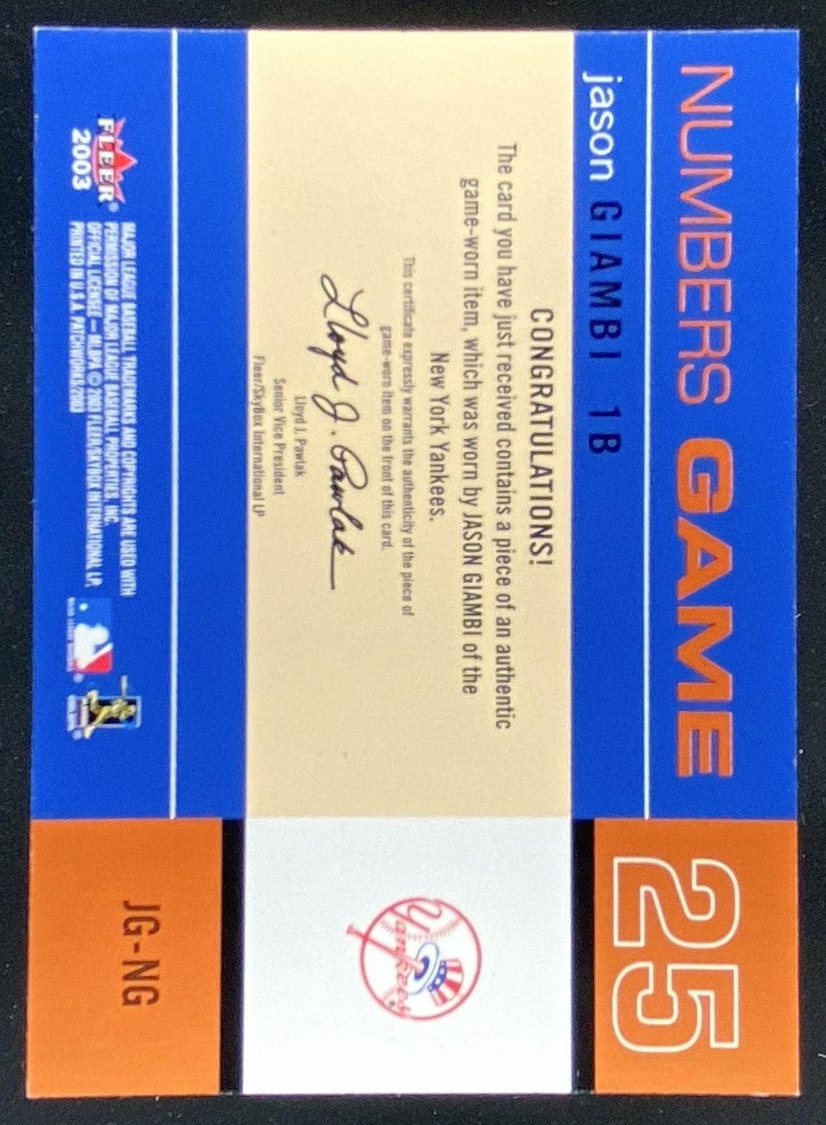2003 Fleer Patchworks Jason Giambi #JG-NG trading card
