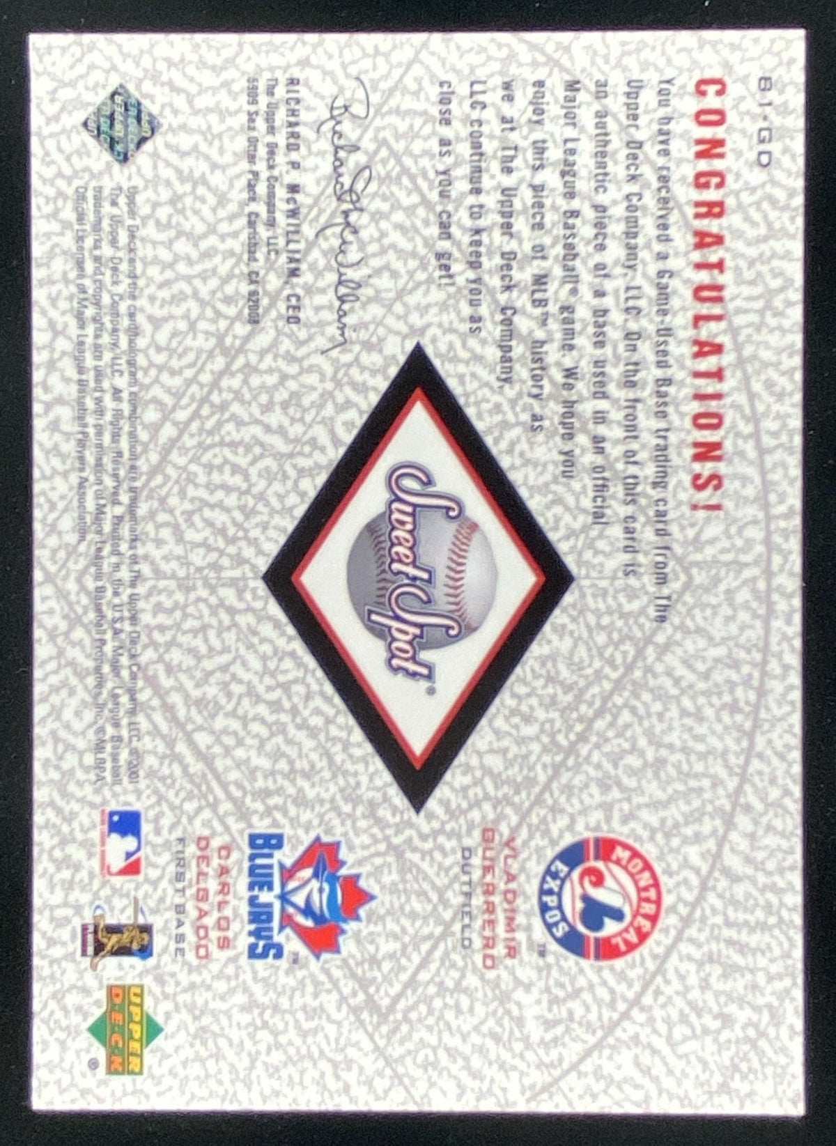 2001 Upper Deck Sweet Spot Vladimir Guerrero / Carlos Delgado trading card