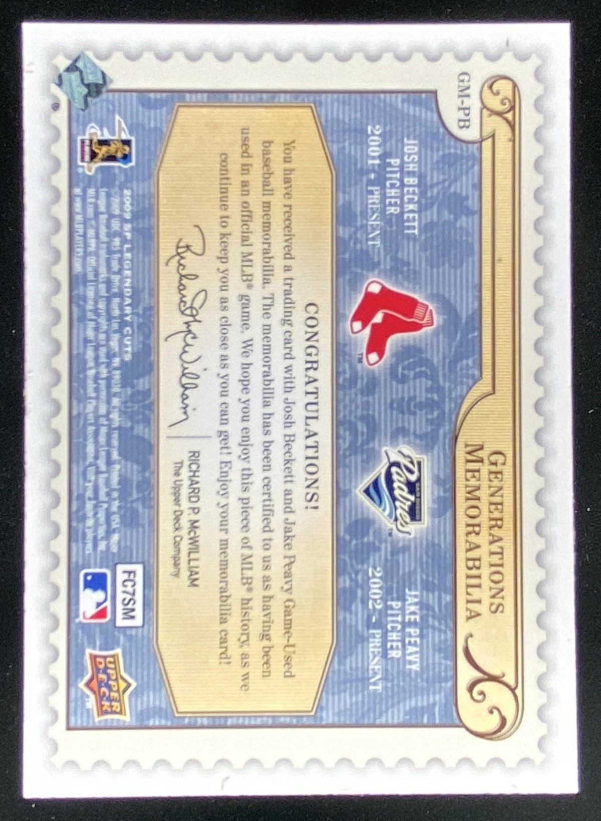 2009 SP Legendary Cuts Josh Beckett / Jake Peavy #GM-PB trading card