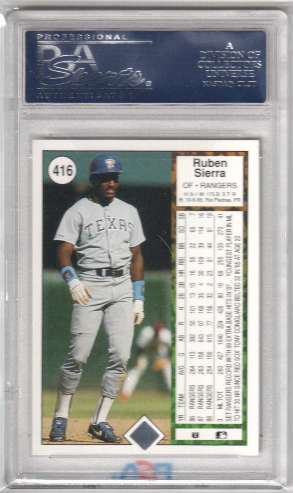 RUBEN SIERRA 1989 Upper Deck #416 PSA 10 GEM MINT - RANGERS - Columbia Hobby - Sports Card Boxes - Toploaders - Card Savers