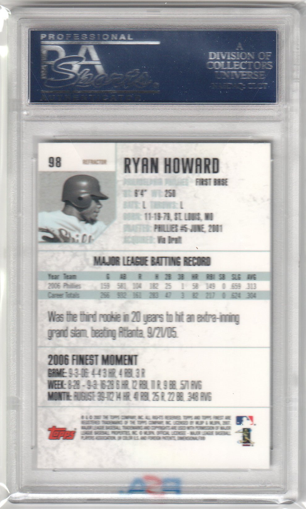 RYAN HOWARD 2007 Finest #98 Refractor PSA 10 GEM MINT - PHILLIES Pop 3 - Columbia Hobby - Sports Card Boxes - Toploaders - Card Savers