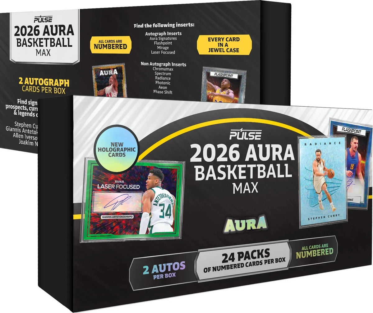 2026 Pulse Aura Basketball Max Box containing 24 packs and 2 autographs
2026 Pulse Aura Basketball Max individually wrapped trading card pack
2026 Pulse Aura Basketball premium holographic trading card
2026 Pulse Aura Basketball Max Edition autograph trading card
2026 Pulse Aura Basketball serial-numbered collectible card
2026 Pulse Aura Basketball card sealed in a protective display-ready jewel case