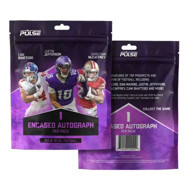 2026 Pulse Football Retail Series 3 autograph pack containing one encased autograph card
2026 Pulse Football Retail Series 3 premium encased football autograph trading card
2026 Pulse Football Retail Series 3 featured player checklist including Christian McCaffrey and Justin Jefferson
Pulse Football Premiere autograph card design featured in Retail Series 3
Pulse Football Stratos autograph card design featured in Retail Series 3
Pulse Football Meridian autograph card design featured in Retail
