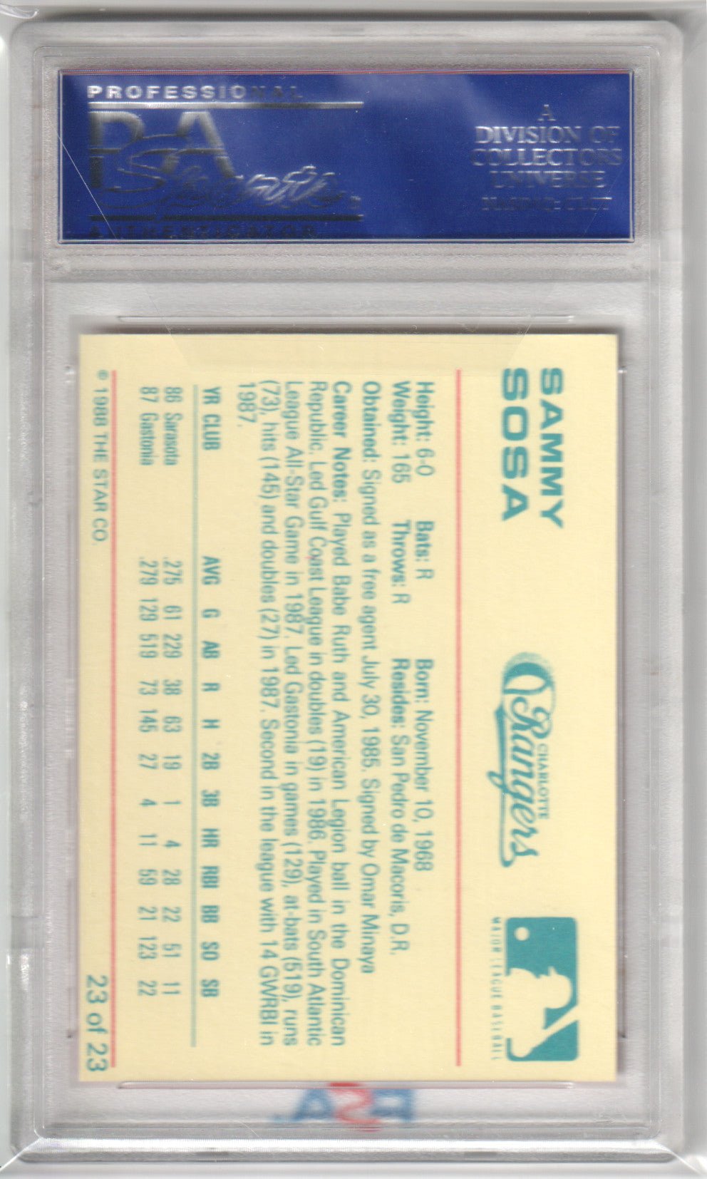 SAMMY SOSA 1988 Star Charlotte Rangers RC Rookie #23 PSA 10 GEM MINT - Columbia Hobby - Sports Card Boxes - Toploaders - Card Savers