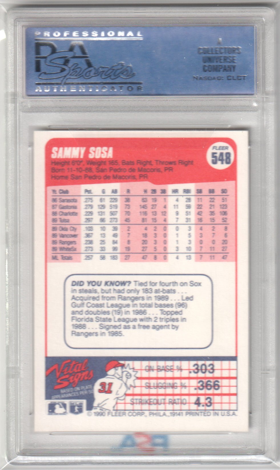 Sammy Sosa 1990 Fleer #548 PSA 9 MINT - WHITE SOX - Columbia Hobby - Sports Card Boxes - Toploaders - Card Savers