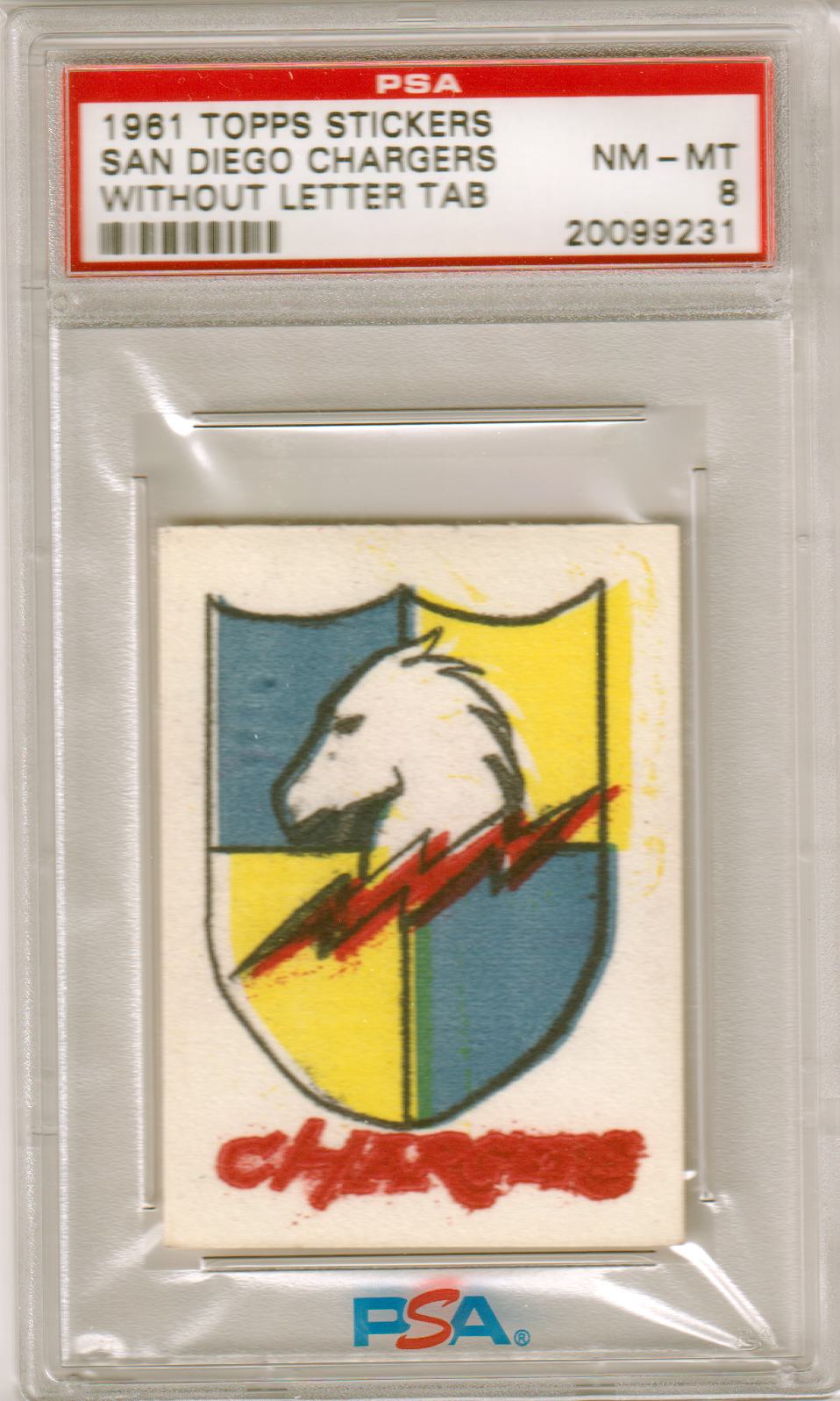 SAN DIEGO CHARGERS 1961 Topps Stickers Without Letter Tab PSA 8 NM - MT - Columbia Hobby - Sports Card Boxes - Toploaders - Card Savers