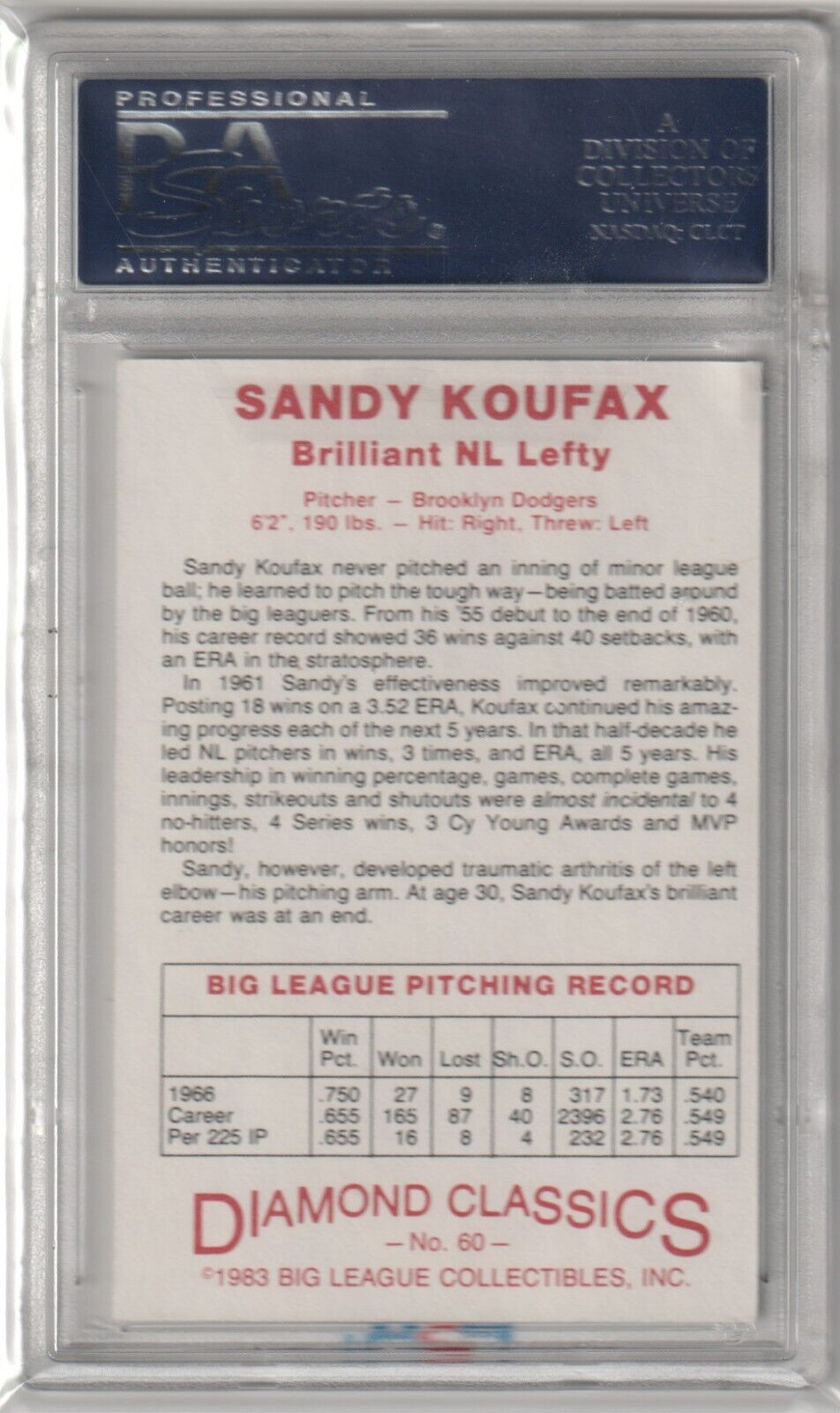 SANDY KOUFAX 1983 Big League Collectibles Autograph Auto PSA / DNA - DODGERS - Columbia Hobby - Sports Card Boxes - Toploaders - Card Savers