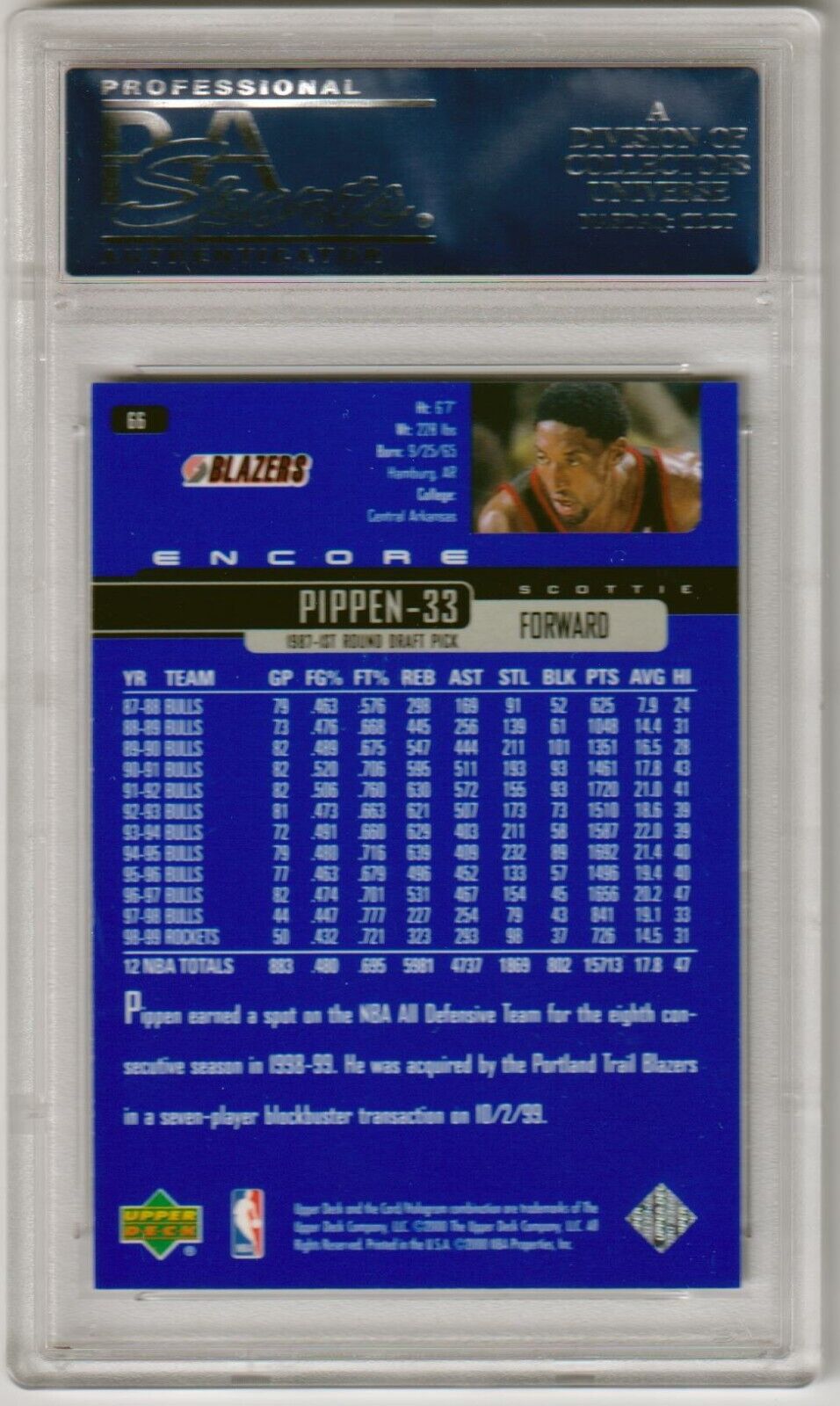 SCOTTIE PIPPEN 1999 - 00 Upper Deck Encore #66 PSA 10 GEM MINT - BLAZERS - Columbia Hobby - Sports Card Boxes - Toploaders - Card Savers