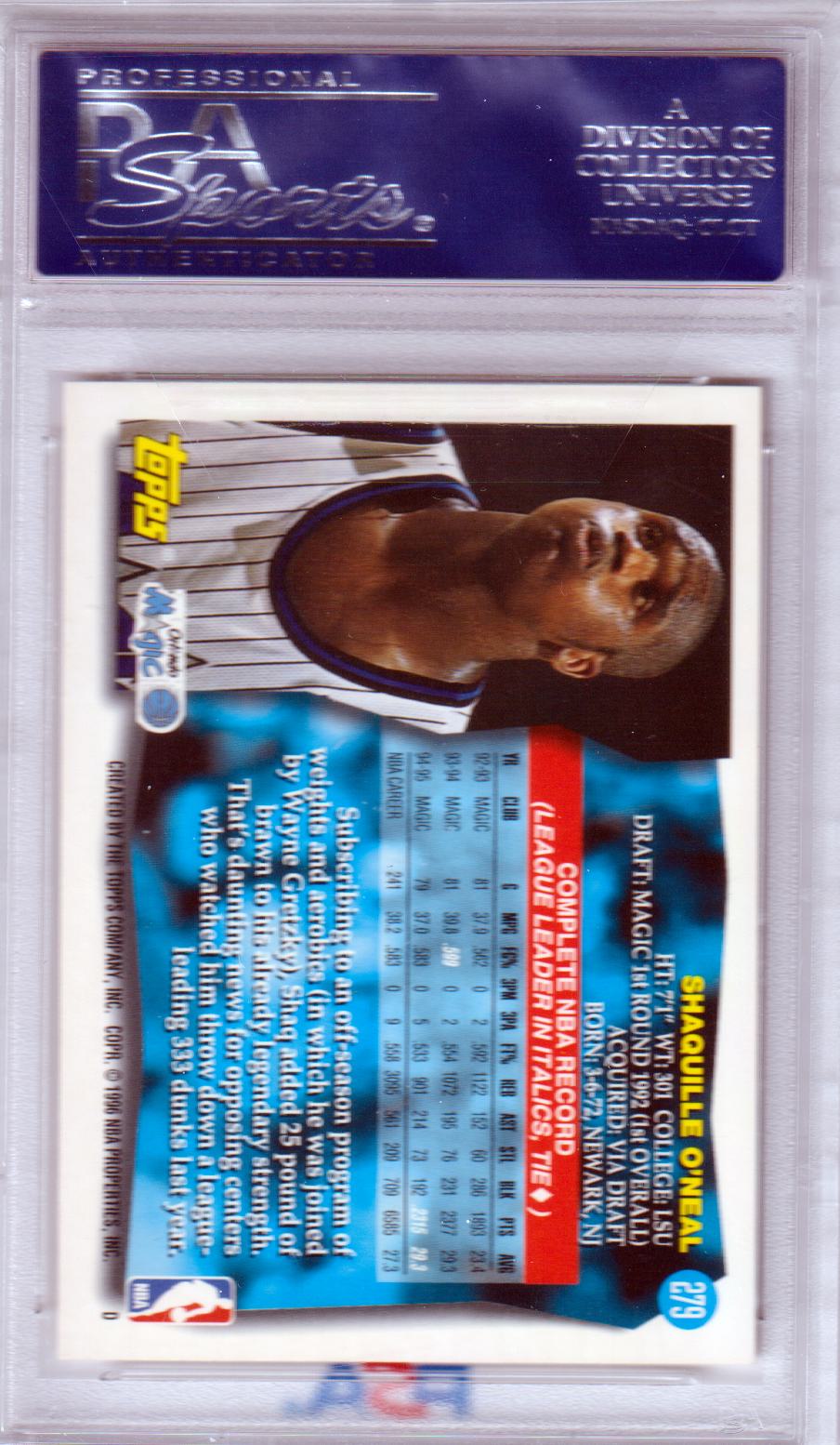 SHAQUILLE O'NEAL 1995 - 96 Topps #279 PSA 10 GEM MINT - MAGIC - Columbia Hobby - Sports Card Boxes - Toploaders - Card Savers
