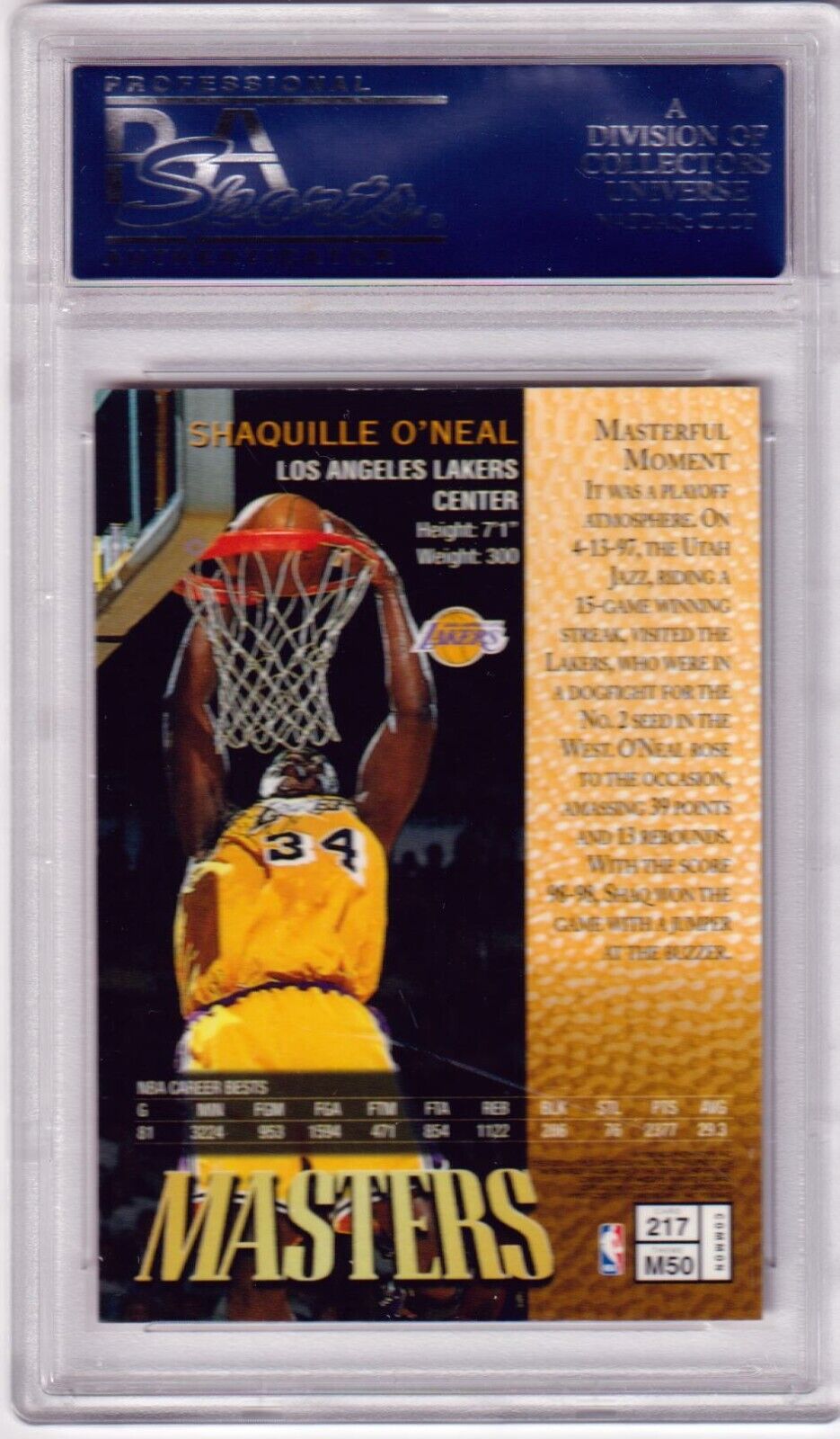 SHAQUILLE O'NEAL 1997 - 98 Topps Finest Masters #217 PSA 10 GEM MINT - LAKERS - Columbia Hobby - Sports Card Boxes - Toploaders - Card Savers