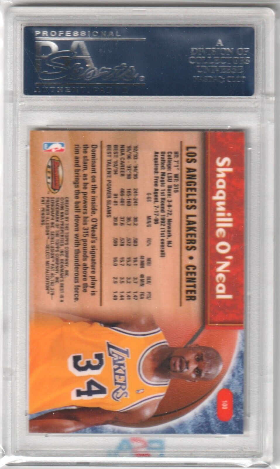 SHAQUILLE O'NEAL 1998 - 99 Bowman's Best #100 PSA 10 GEM MINT - LAKERS - Columbia Hobby - Sports Card Boxes - Toploaders - Card Savers