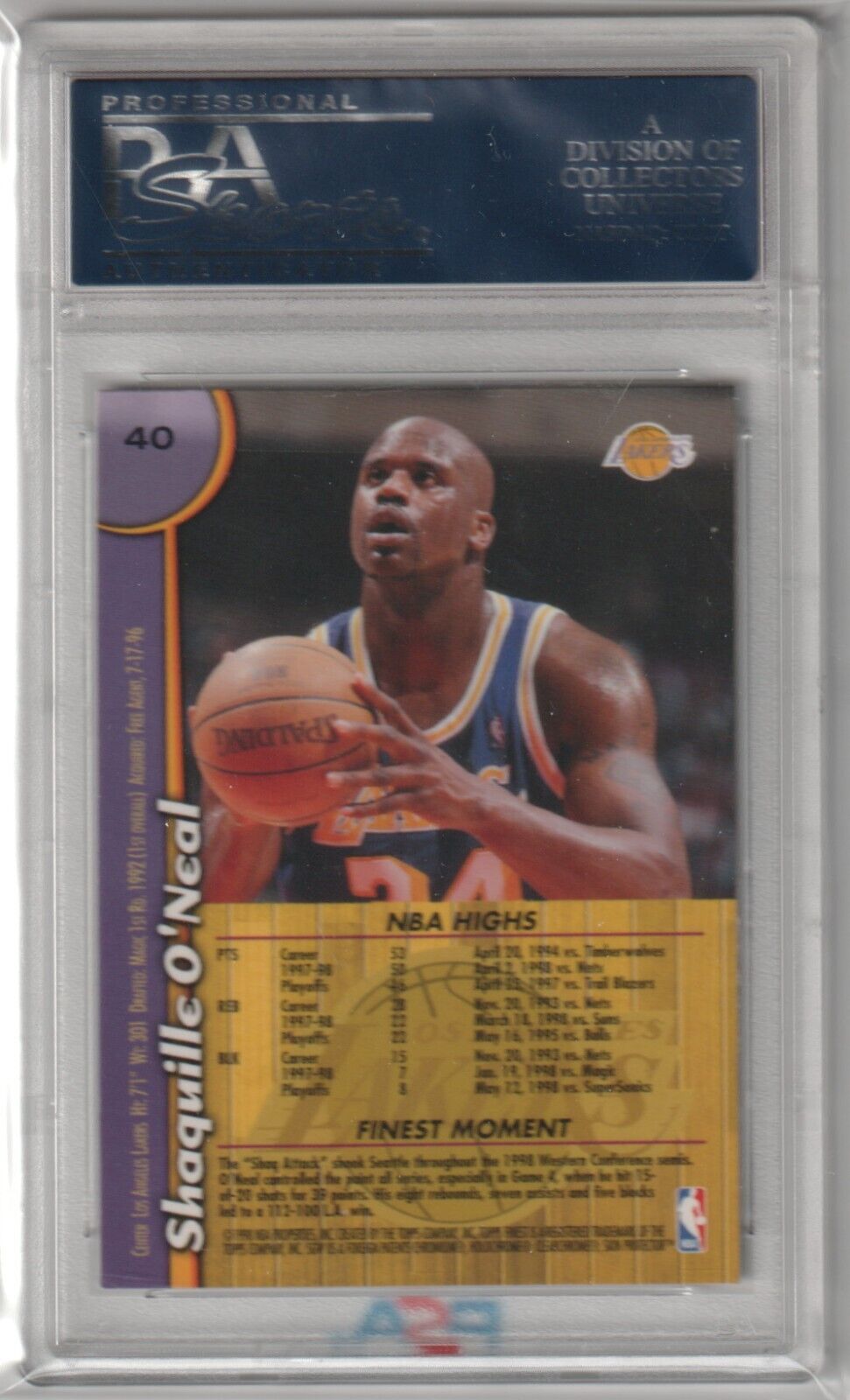 SHAQUILLE O'NEAL 1998 - 99 Topps Finest #40 PSA 10 GEM MINT - LAKERS - Columbia Hobby - Sports Card Boxes - Toploaders - Card Savers