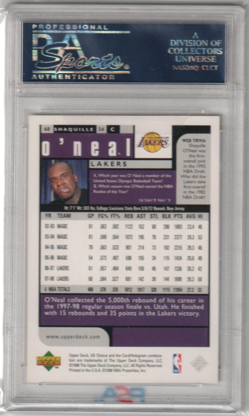 SHAQUILLE O'NEAL 1998 - 99 Upper Deck Choice #68 PSA 10 GEM MINT - LAKERS - Columbia Hobby - Sports Card Boxes - Toploaders - Card Savers