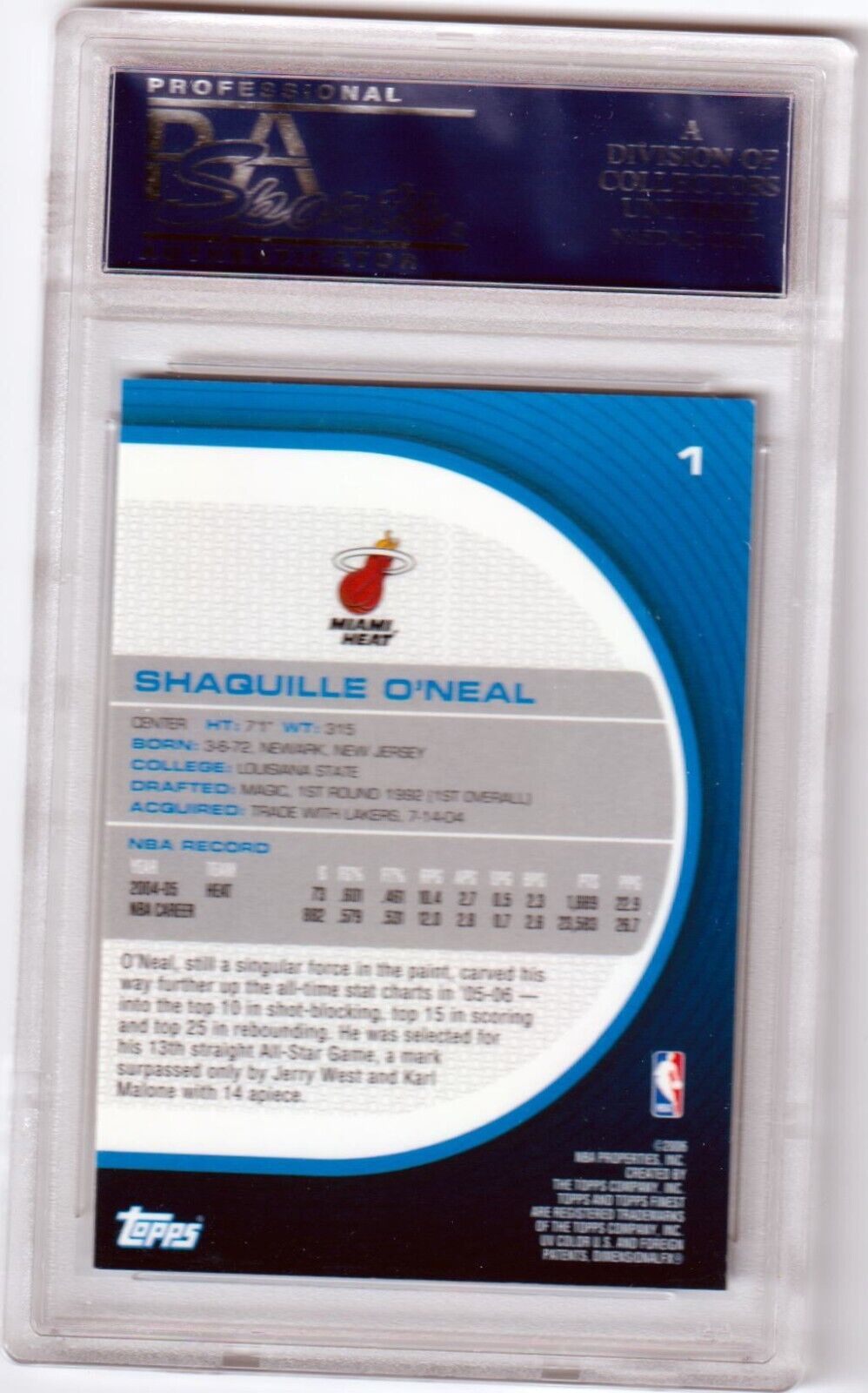 SHAQUILLE O'NEAL 2005 - 06 Topps Finest #1 PSA 10 GEM MINT - LAKERS - Columbia Hobby - Sports Card Boxes - Toploaders - Card Savers