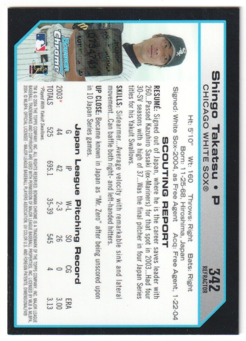 SHINGO TAKATSU 2004 Bowman Chrome First Year Autograph Auto Refractor - Columbia Hobby - Sports Card Boxes - Toploaders - Card Savers