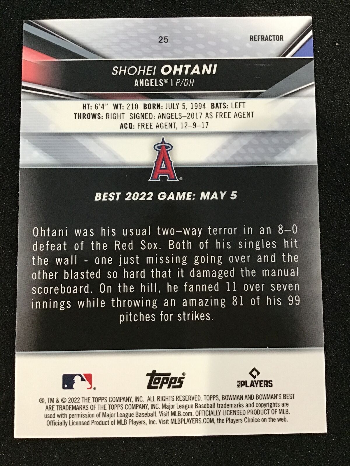 Shohei Ohtani 2022 Bowman's Best Refractor #25 Los Angeles Angels - Columbia Hobby - Sports Card Boxes - Toploaders - Card Savers