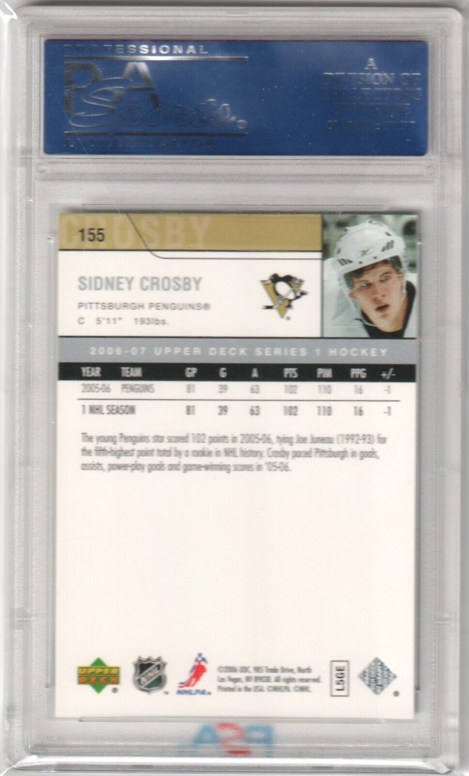SIDNEY CROSBY 2006 - 07 Upper Deck 2nd Year #155 PSA 10 GEM MINT - PENGUINS - Columbia Hobby - Sports Card Boxes - Toploaders - Card Savers