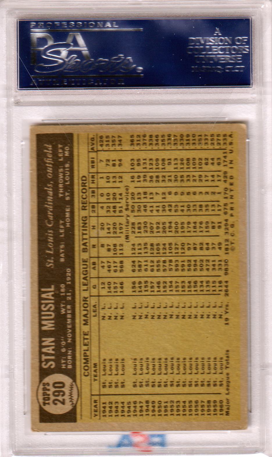 STAN MUSIAL 1961 Topps #290 PSA 5 EX - CARDINALS - Columbia Hobby - Sports Card Boxes - Toploaders - Card Savers