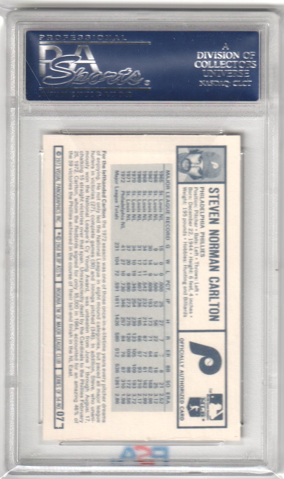 STEVE CARLTON 1973 Kellogg's Pro Stars #7 PSA 9 MINT - PHILLIES - Columbia Hobby - Sports Card Boxes - Toploaders - Card Savers
