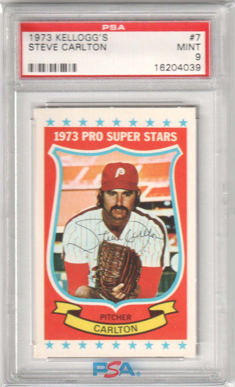 STEVE CARLTON 1973 Kellogg's Pro Stars #7 PSA 9 MINT - PHILLIES - Columbia Hobby - Sports Card Boxes - Toploaders - Card Savers