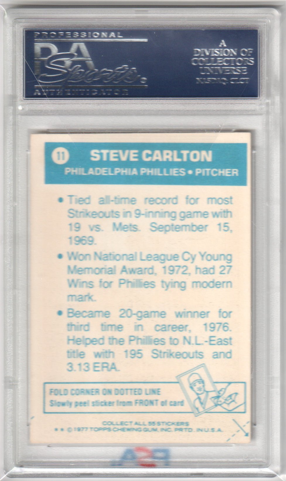 STEVE CARLTON 1977 Topps Cloth Stickers #11 PSA 8 NM - PHILLIES - Columbia Hobby - Sports Card Boxes - Toploaders - Card Savers