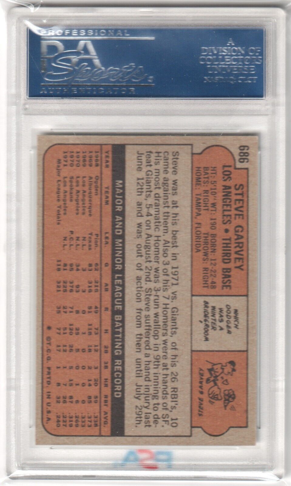 STEVE GARVEY 1972 Topps #686 PSA 8 NM - MT - DODGERS - Columbia Hobby - Sports Card Boxes - Toploaders - Card Savers