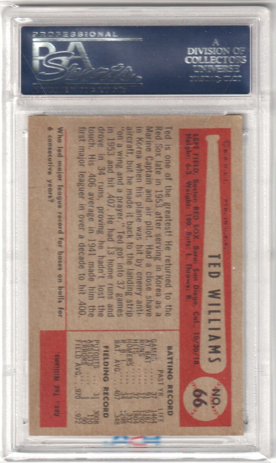 TED WILLIAMS 1954 Bowman #66 PSA 5 EX - RED SOX - Columbia Hobby - Sports Card Boxes - Toploaders - Card Savers