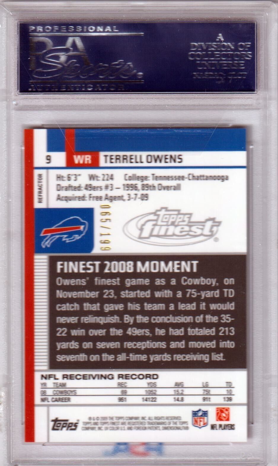 TERRELL OWENS 2009 Topps Finest Green Refractor #/199 PSA 10 GEM MINT - BILLS - Columbia Hobby - Sports Card Boxes - Toploaders - Card Savers