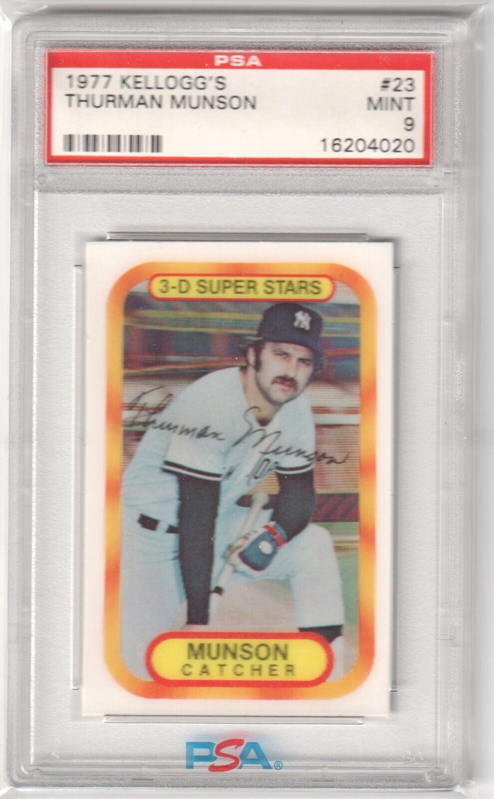 THURMAN MUNSON 1977 Kellogg's 3 - D Super Stars #23 PSA 9 MINT - YANKEES - Columbia Hobby - Sports Card Boxes - Toploaders - Card Savers