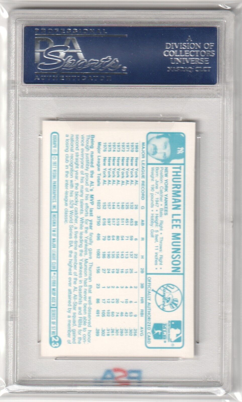 THURMAN MUNSON 1977 Kellogg's 3 - D Super Stars #23 PSA 9 MINT - YANKEES - Columbia Hobby - Sports Card Boxes - Toploaders - Card Savers