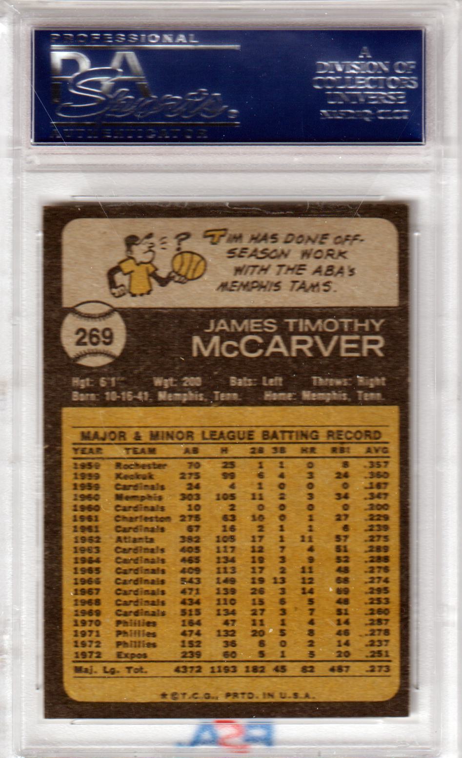 TIM McCARVER 1973 Topps #269 PSA 8 NM - MT - CARDINALS - Columbia Hobby - Sports Card Boxes - Toploaders - Card Savers