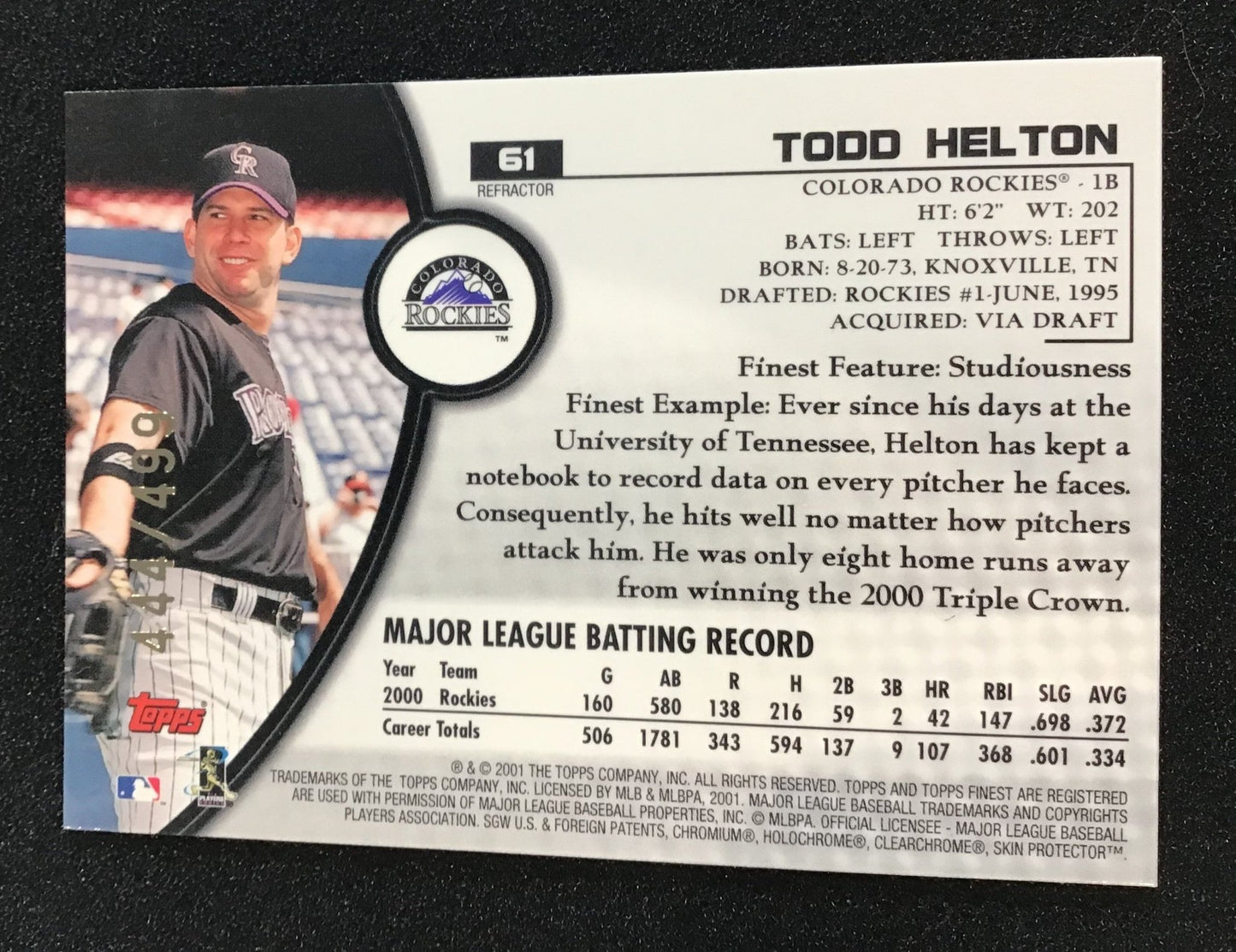 TODD HELTON 2001 Topps Finest Refractor /499 #61 SP Colorado Rockies - Columbia Hobby - Sports Card Boxes - Toploaders - Card Savers