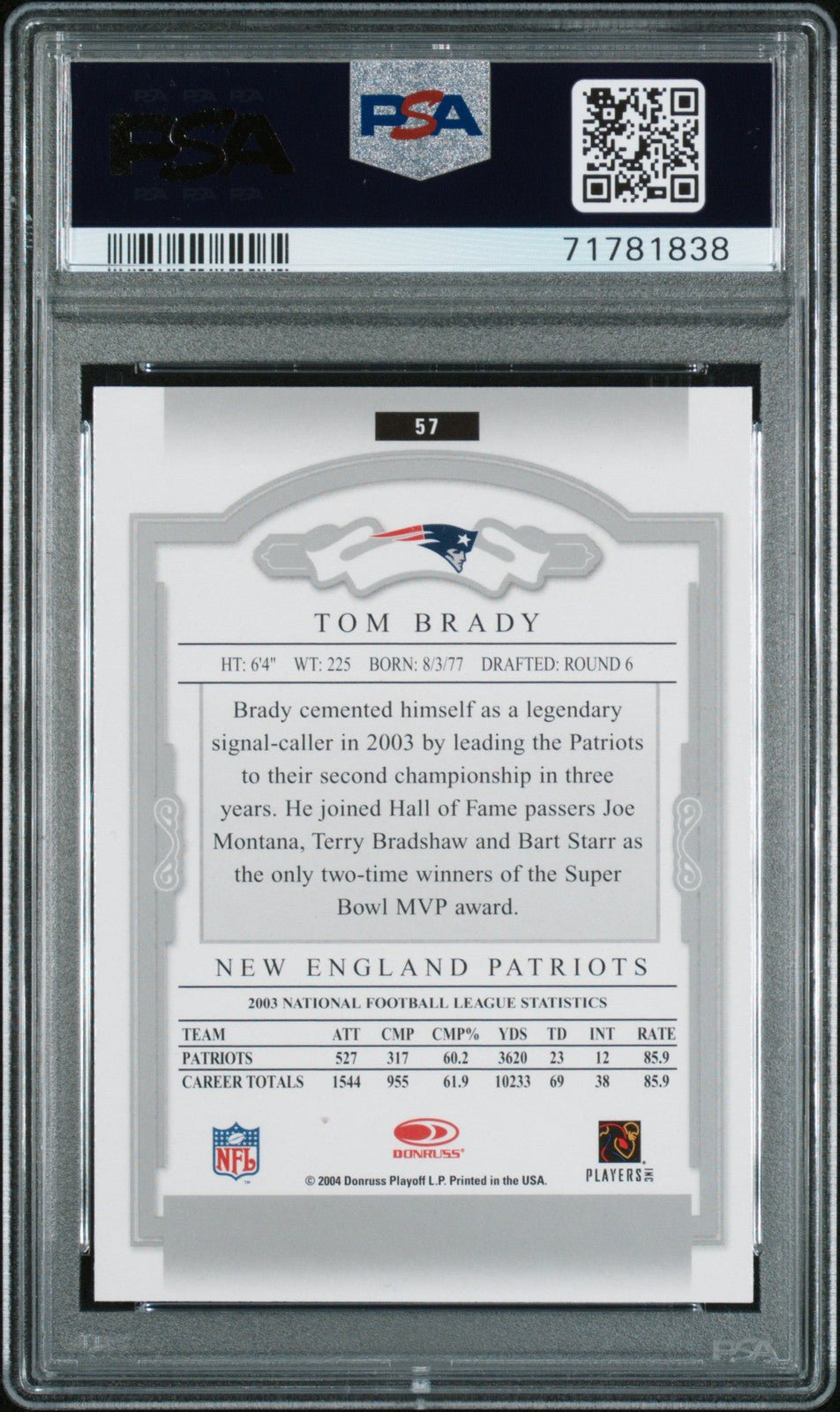 TOM BRADY 2004 Donruss Classics #57 PSA 9 MINT - PATRIOTS - Columbia Hobby - Sports Card Boxes - Toploaders - Card Savers