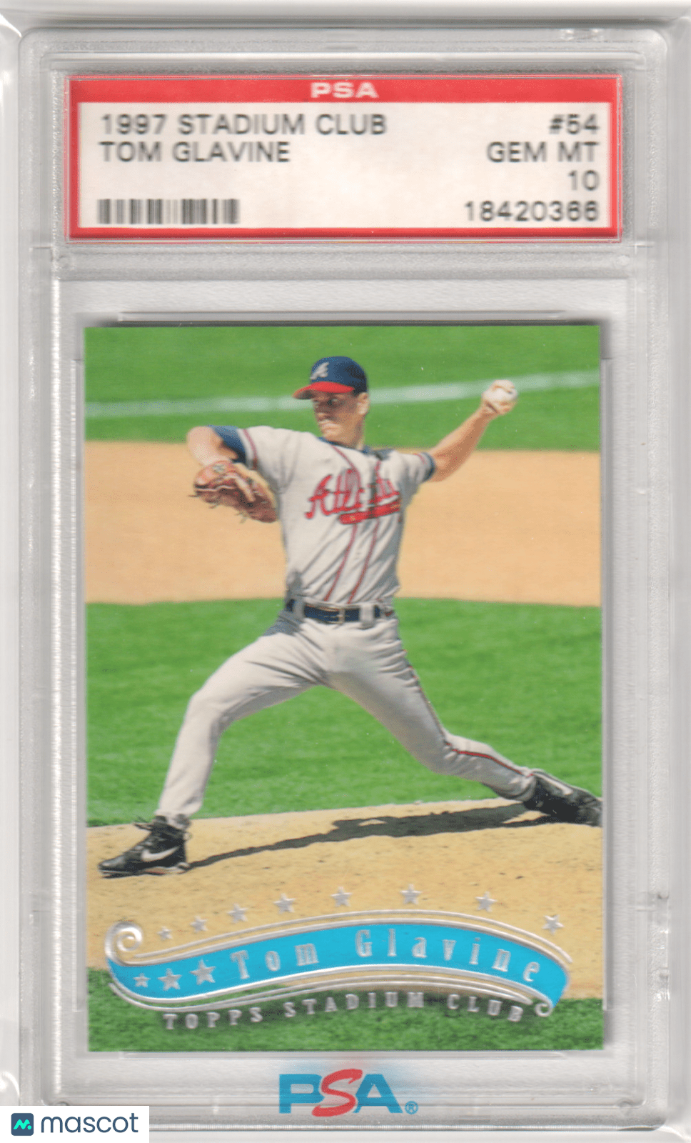 TOM GLAVINE 1997 Topps Stadium Club 54 PSA 10 GEM MINT - BRAVES Pop 6 - Columbia Hobby - Sports Card Boxes - Toploaders - Card Savers