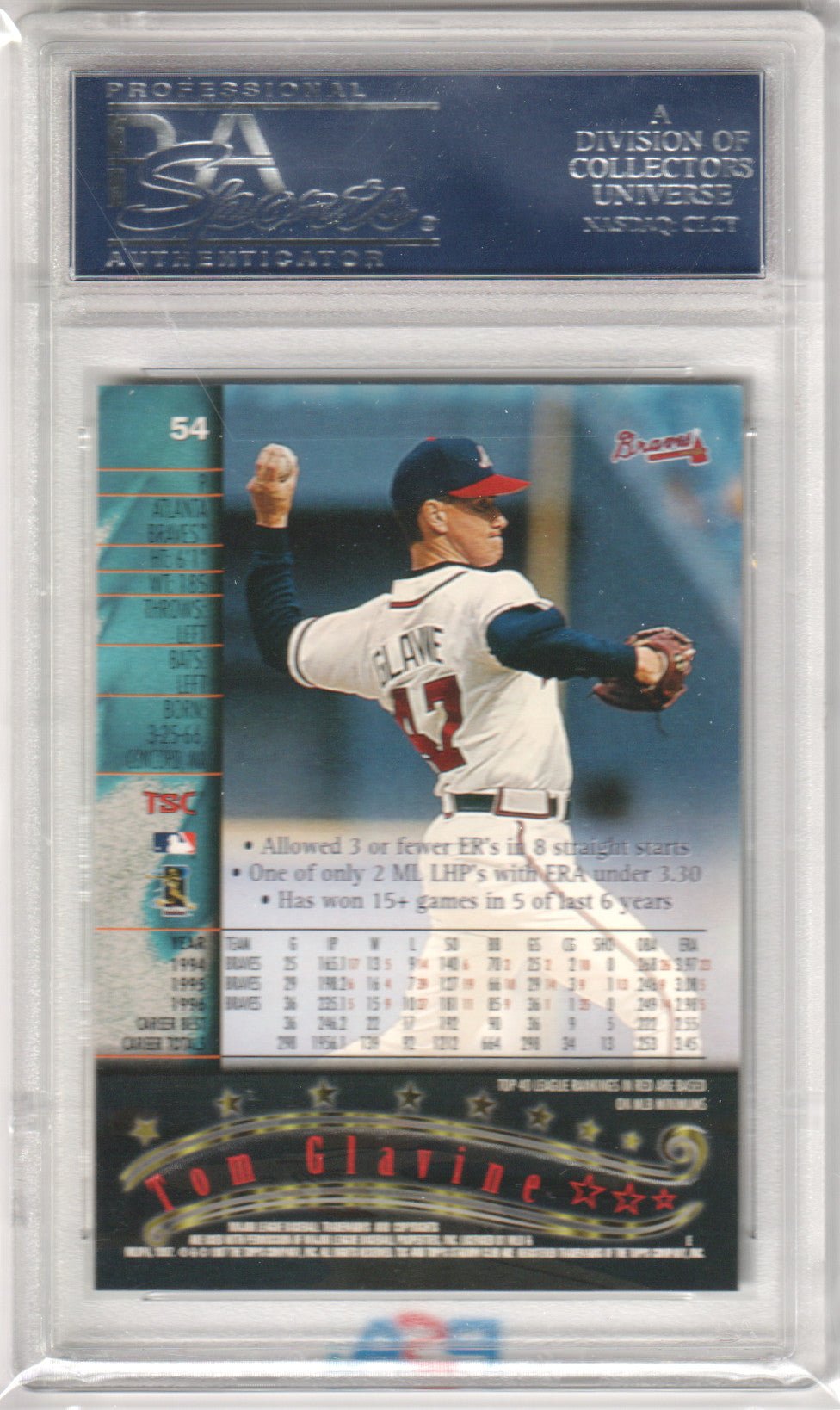 TOM GLAVINE 1997 Topps Stadium Club 54 PSA 10 GEM MINT - BRAVES Pop 6 - Columbia Hobby - Sports Card Boxes - Toploaders - Card Savers