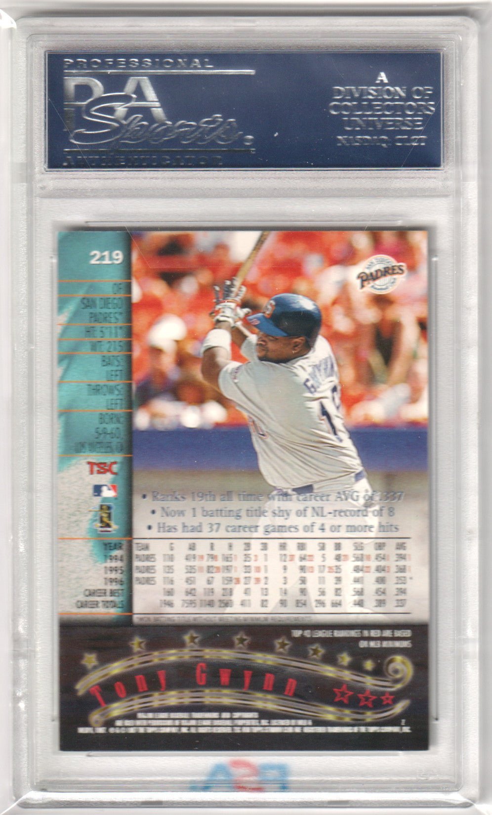 TONY GWINN 1997 Topps Stadium Club 219 PSA 10 GEM MINT - PADRES Pop 12 - Columbia Hobby - Sports Card Boxes - Toploaders - Card Savers