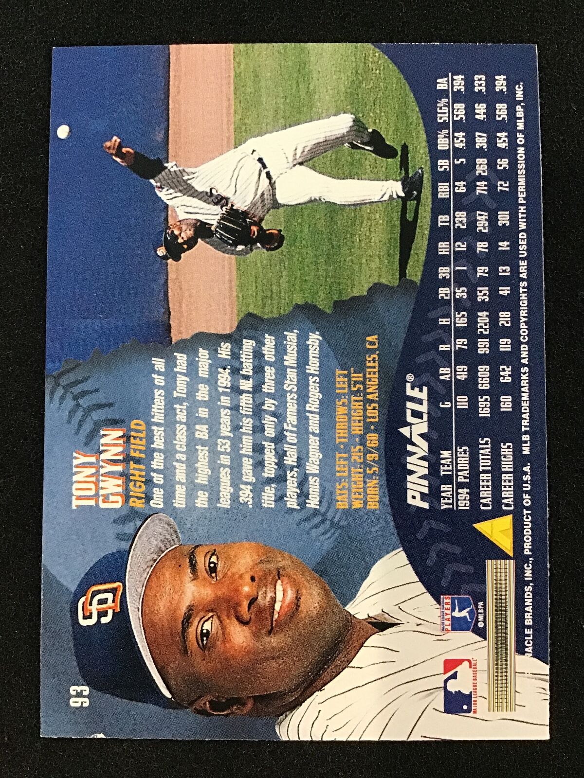 Tony Gwynn 1995 Pinnacle #93 Artist's Proofs San Diego Padres - Columbia Hobby - Sports Card Boxes - Toploaders - Card Savers