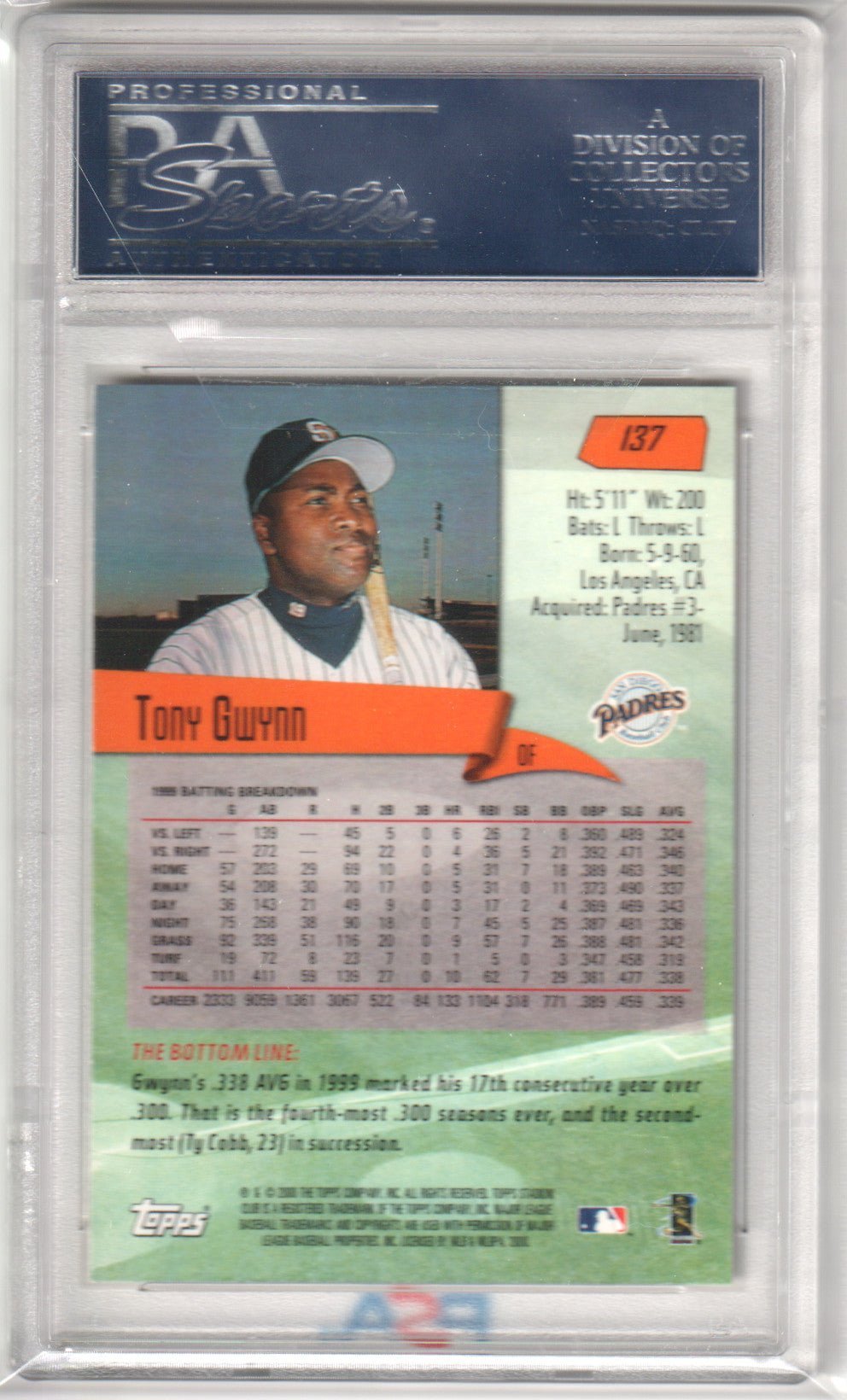 TONY GWYNN 2000 Topps Stadium Club 137 PSA 10 GEM MINT - PADRES Pop 17 - Columbia Hobby - Sports Card Boxes - Toploaders - Card Savers