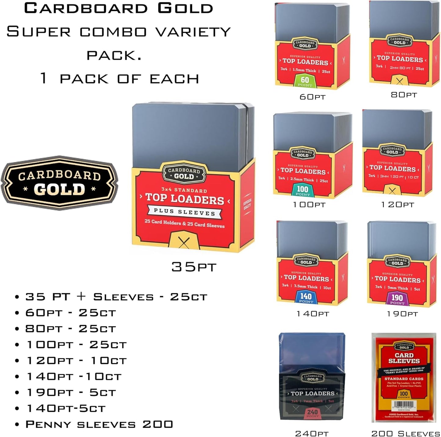 Toploader Collector Bundle - 35pt, 60pt, 80pt, 100pt, 120pt, 140pt, 190pt, 240pt plus Soft Sleeves - Columbia Hobby - Sports Card Boxes - Toploaders - Card Savers