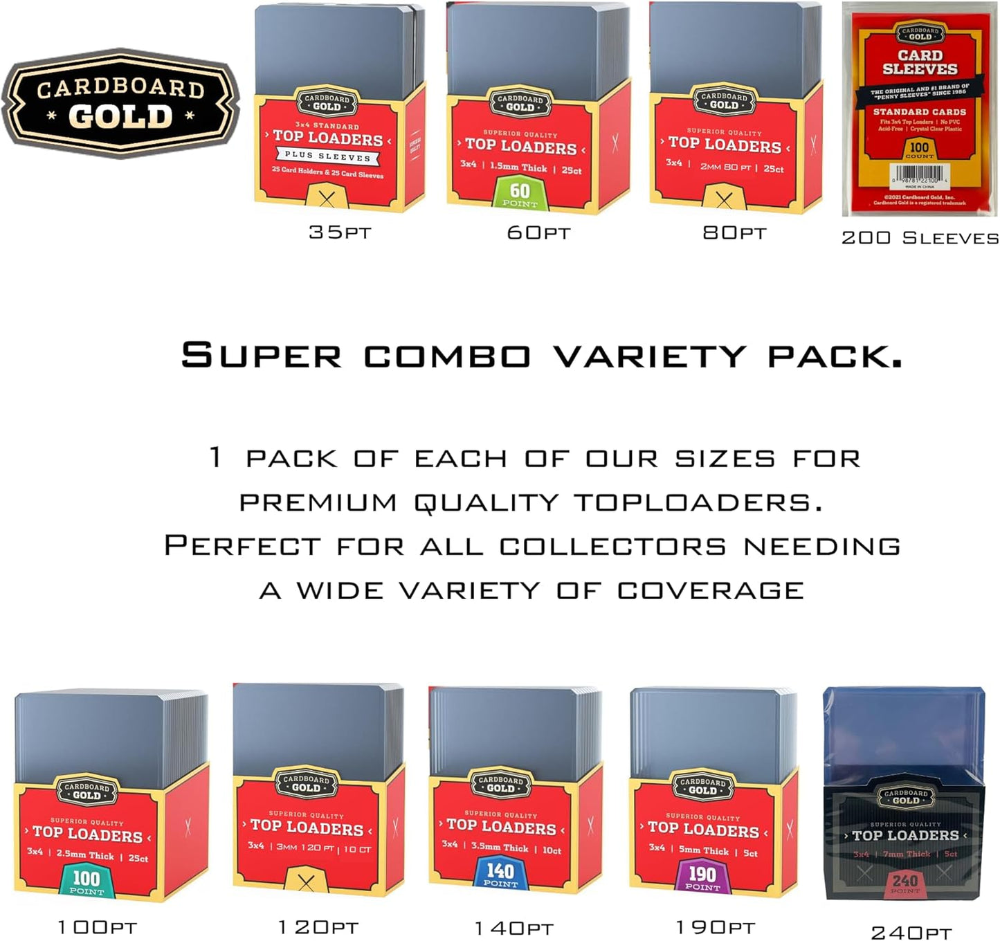 Toploader Collector Bundle - 35pt, 60pt, 80pt, 100pt, 120pt, 140pt, 190pt, 240pt plus Soft Sleeves - Columbia Hobby - Sports Card Boxes - Toploaders - Card Savers
