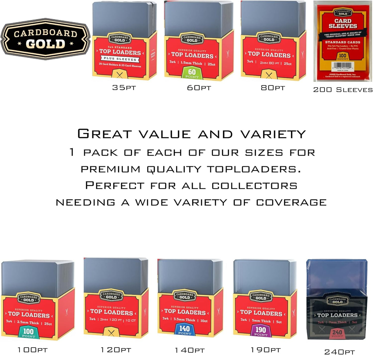 Toploader Collector Bundle - 35pt, 60pt, 80pt, 100pt, 120pt, 140pt, 190pt, 240pt plus Soft Sleeves - Columbia Hobby - Sports Card Boxes - Toploaders - Card Savers