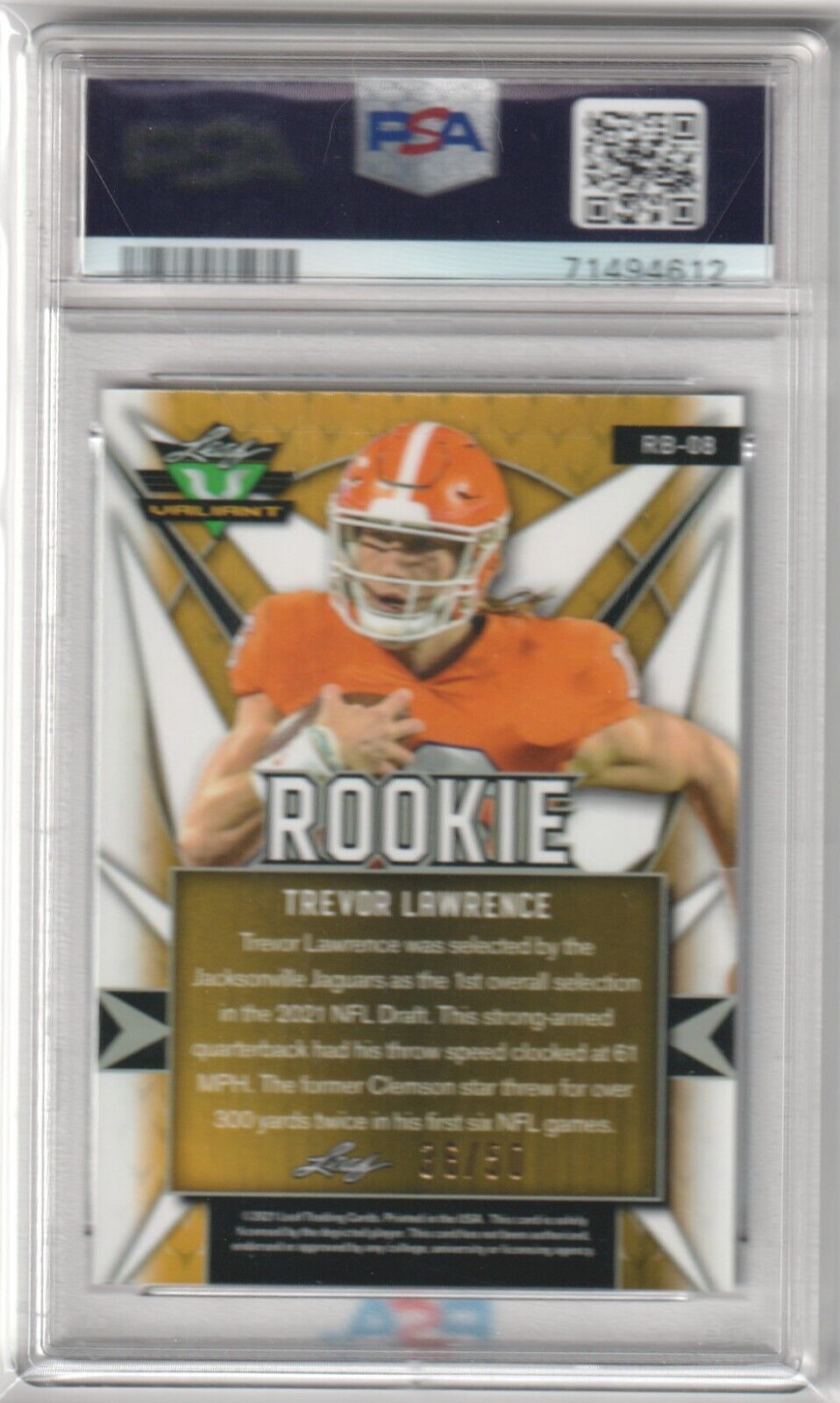 TREVOR LAWRENCE 2021 Leaf Valiant RC Rookoie Purple #/50 - PSA 10 GEM MINT - Columbia Hobby - Sports Card Boxes - Toploaders - Card Savers