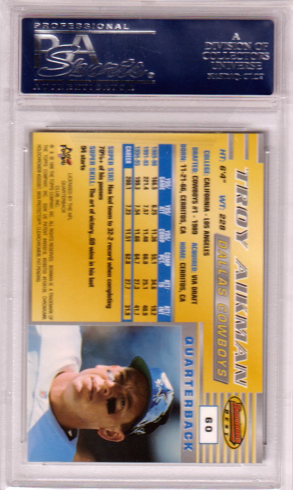 TROY AIKMAN 1996 Bowman's Best #60 PSA 10 GEM MINT - COWBOYS - Columbia Hobby - Sports Card Boxes - Toploaders - Card Savers