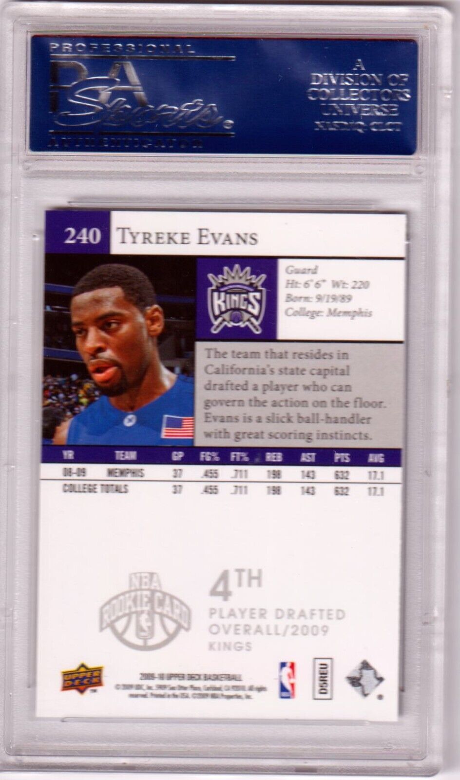 TYREKE EVANS 2009 - 10 Upper Deck RC Rookie #240 PSA 10 GEM MINT POP 13 - KINGS - Columbia Hobby - Sports Card Boxes - Toploaders - Card Savers