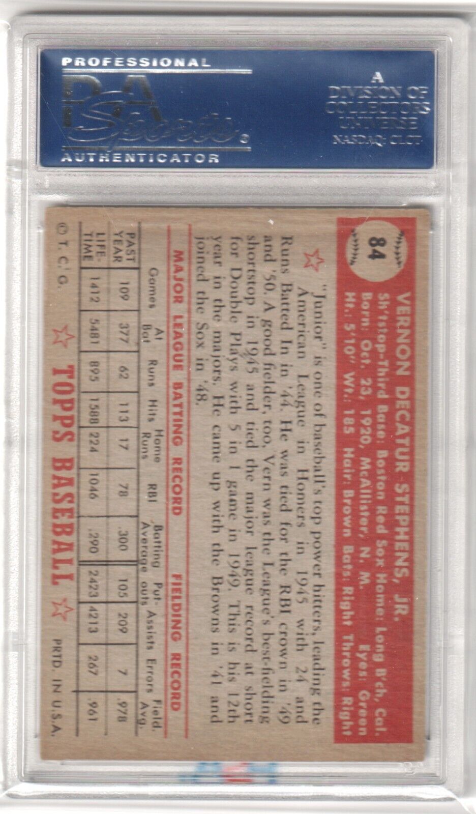 VERN STEPHENS 1952 Topps #84 PSA 6.5 EX - NM+ - RED SOX - Columbia Hobby - Sports Card Boxes - Toploaders - Card Savers
