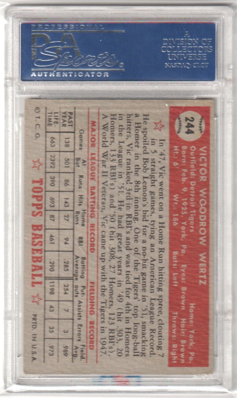 VIC WERTZ 1952 Topps #244 PSA 6 EX - MT - TIGERS - Columbia Hobby - Sports Card Boxes - Toploaders - Card Savers