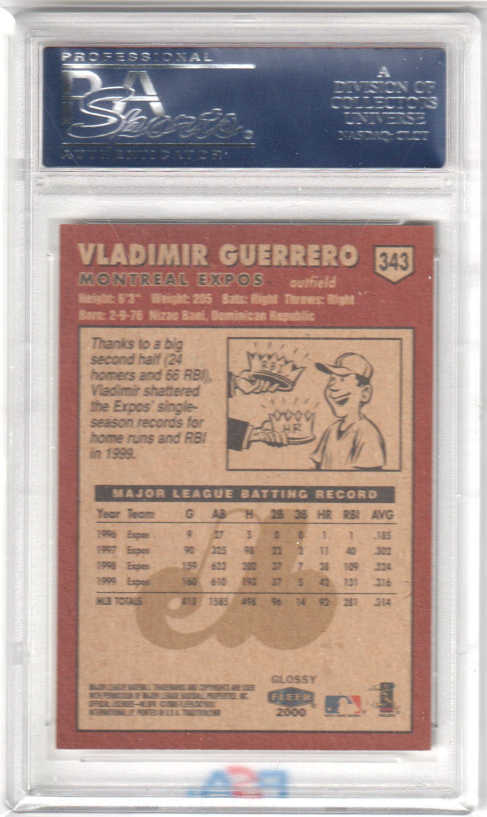 VLADIMIR GUERRERO 2000 Fleer Tradition Glossy #343 PSA 10 GEM MINT EXPOS Pop 1 - Columbia Hobby - Sports Card Boxes - Toploaders - Card Savers