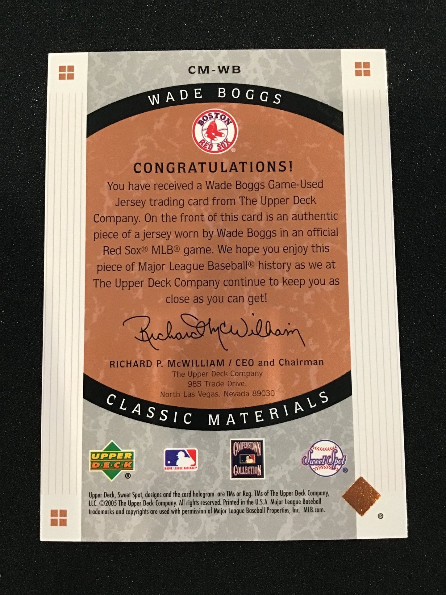 Wade Boggs 2005 Upper Deck Sweet Spot Classic Materials CM - WB Red Sox - Columbia Hobby - Sports Card Boxes - Toploaders - Card Savers